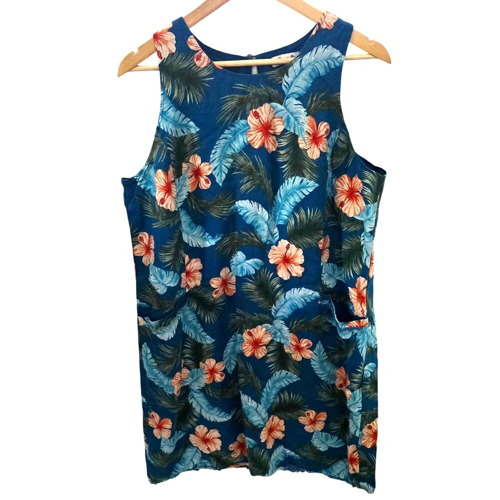 Tommy Bahama Women's Blue Hibiscus Isle 100% Linen Shift Dress Large Vacation